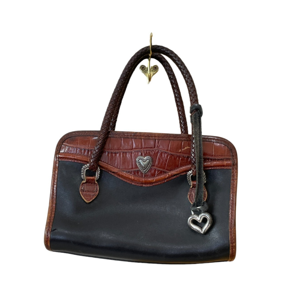 Vtg Brighton Doctors Black Brown Satchel Leather Handbag C406943 Heart Classic